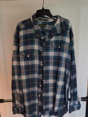 Eddie Bauer Teal and White Plaid Button-Down Shirt